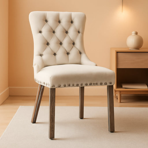 Velvet Upholstered Dining Chairs Set of 4, Wingback Dining Room Chairs with Ring Pull Trim and Button Back, Luxury Tufted Dining Chair for Living Room, Bedroom, Kitchen (Beige)
