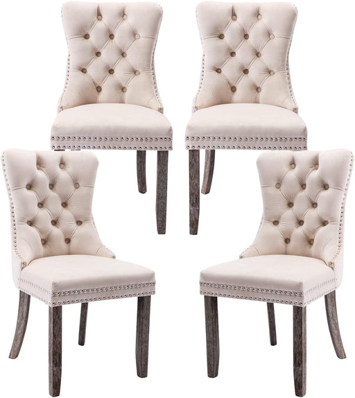 Velvet Upholstered Dining Chairs Set of 4, Wingback Dining Room Chairs with Ring Pull Trim and Button Back, Luxury Tufted Dining Chair for Living Room, Bedroom, Kitchen (Beige)