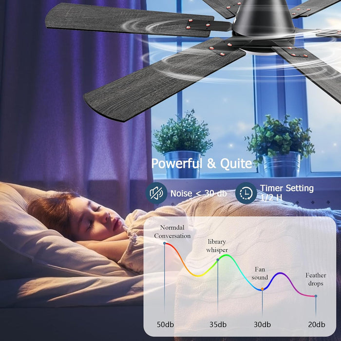 56 Inch Ceiling Fans with Lights, Black Flush Mount Ceiling Fan with Light and Remote/App Control, 3CCT, RGB, Dimmable, Noiseless, Low Profile Ceiling Fan for Bedroom, Patio, Indoor/Outdoor Use