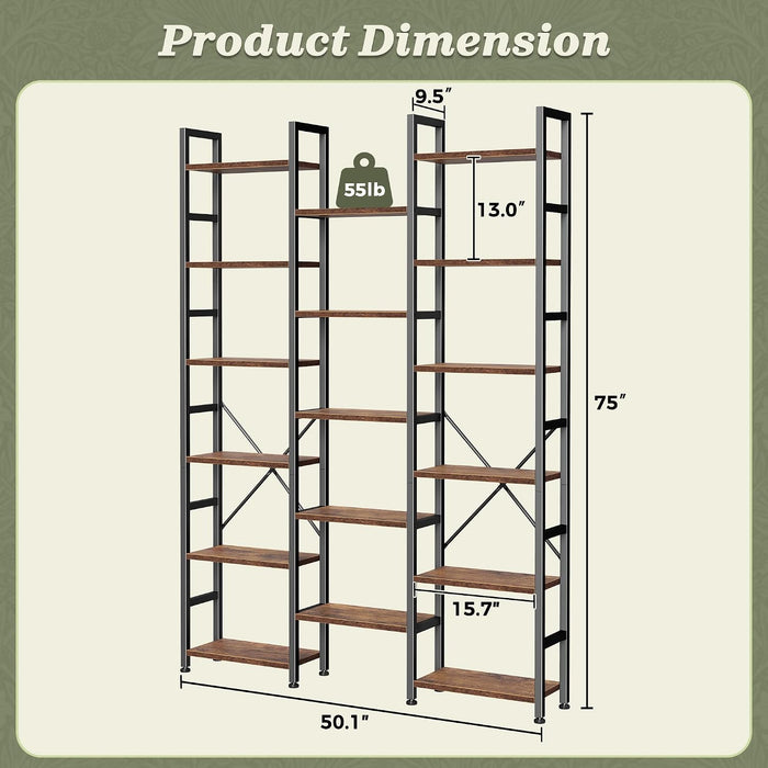 6 Tier Bookshelf, 75'' Tall Bookcase, 17 Open Shelves, Rustic Brown