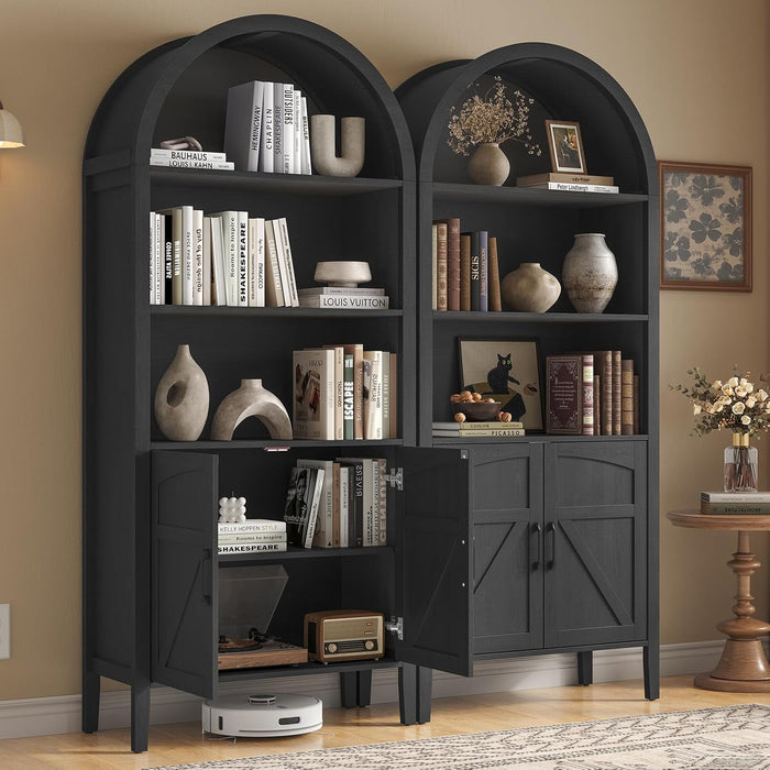 71" Tall Arched Bookshelf, 5-Tier Arched Bookcase with Door & Storage Cabinet, Farmhouse Display Bookshelf Cabinet with Adjustable Shelf, Freestanding Wood Bookcase for Home Office, Study