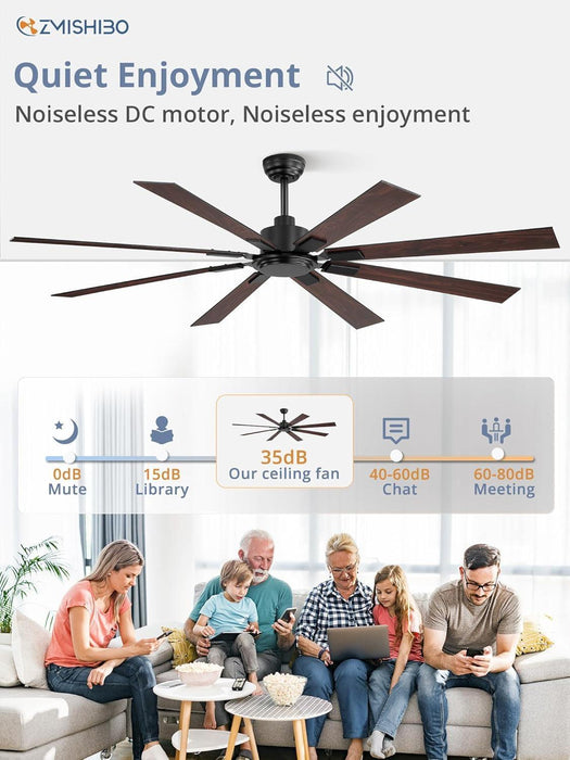 72 Inch Ceiling Fan No Light with Remote Control, 8 Blades Quiet DC Reversible Motor, 6-Speed, Timer, Black Finish, Indoor Outdoor Ceiling Fans for Patios, Living Room, Garage