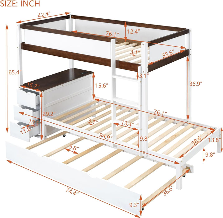 Twin over Twin Bunk Bed Twin Size Trundle, Wood Twin Bunk Bed with USB Ports, Storage and Desk, White+Walnut