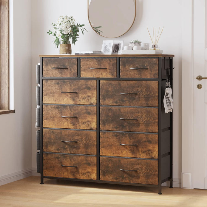Dresser for Bedroom with 11 Drawer, Dressers & Chests of Drawers with Side Pockets, Hooks, Fabric Storage Drawer, Steel Frame, Wood Top, Organizer Unit and Pull Handle for Closet.