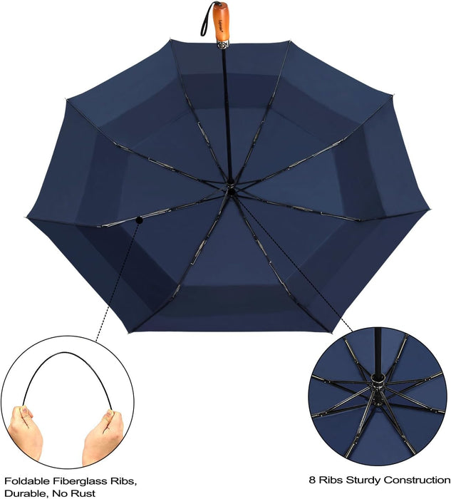 Large Folding Golf Umbrella - Compact Mens Umbrellas Travel Rain and Windproof 54Inch Collapsible Automatic Open Close Umbrella 210T Teflon Vented Double Canopy