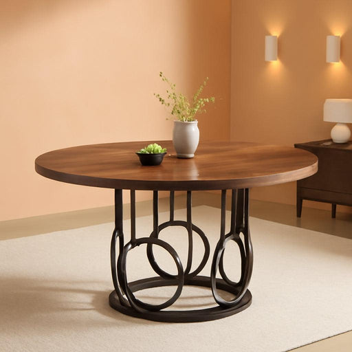 47-Inch round Dining Table, Wood Kitchen Table with Sturdy Metal Base for 4-6 People, Large Circle Dinner Table for Dining Room, Kitchen, Living Room (Brown & Black, Only Desk)