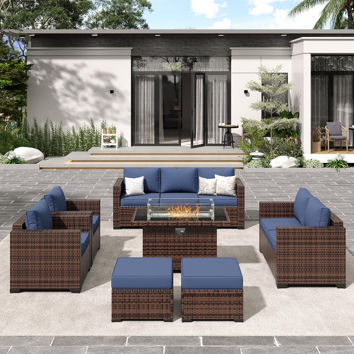 Outdoor Patio Furniture Sets, 10 Pieces Wicker Patio Furniture, Outdoor Sectional Patio Couch Set with Ottoman, Outdoor Conversation Set with 44" Gas Fire Pit (Navy)