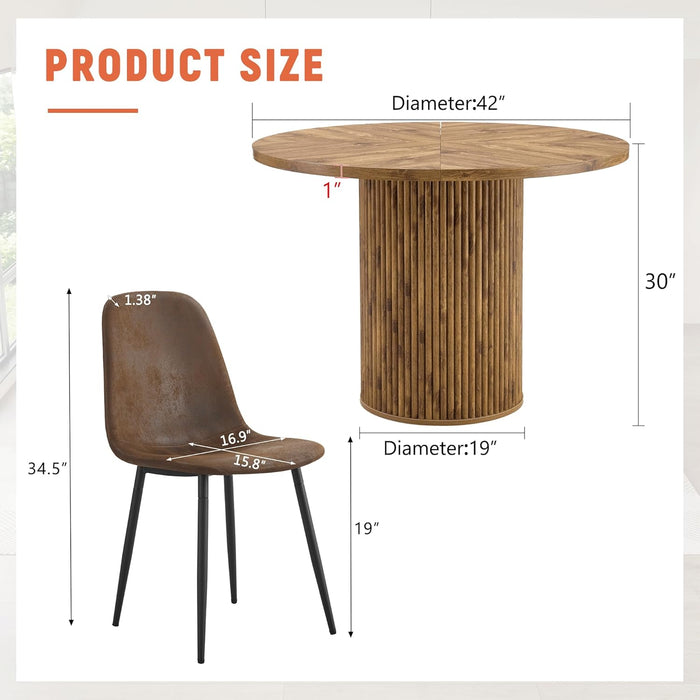 round Dining Table Set for 4, Wooden round Table 5-Piece with Modern Farmhouse Dining Table and 4 Suede Leather Chairs for Kitchen Dining Room, Wooden Table + 4 Brown Chairs