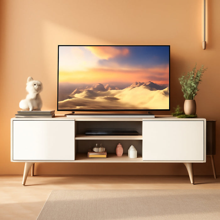 TV Stand for 55 60 Inch TV, Boho Entertainment Center with Storage Cabinets, TV Console for Living Room Decor, Greige White