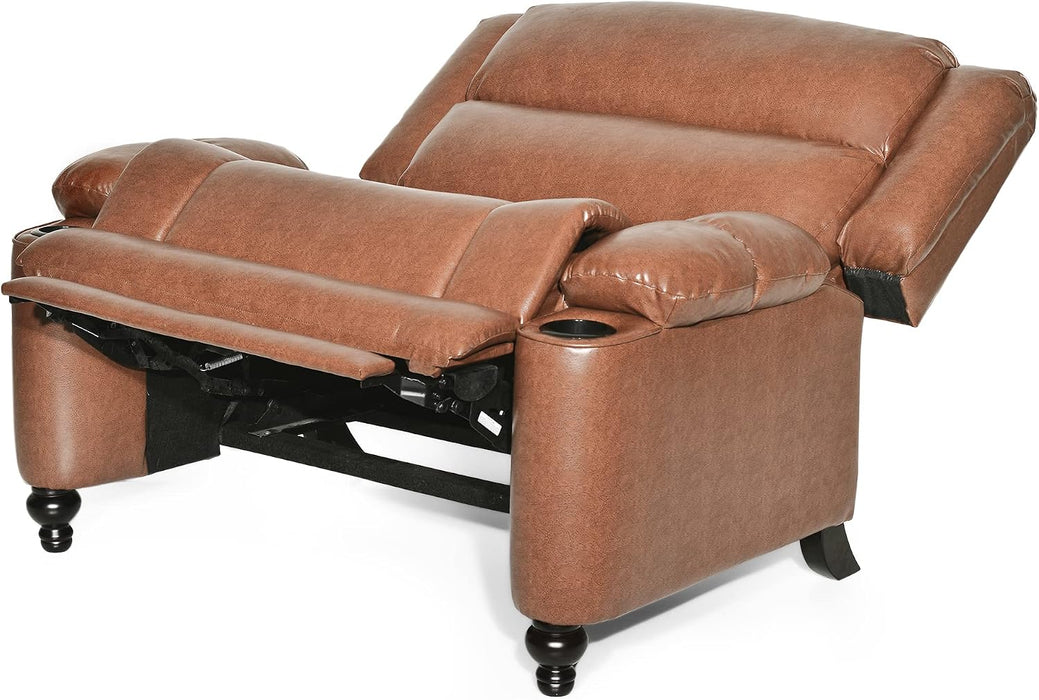 Carlo Oversized Manual Recliner Chair with Cup Holder, Faux Leather Recliner Sofa, Modern Reclining Accent Chair, Sturdy Wooden Frame, Brown