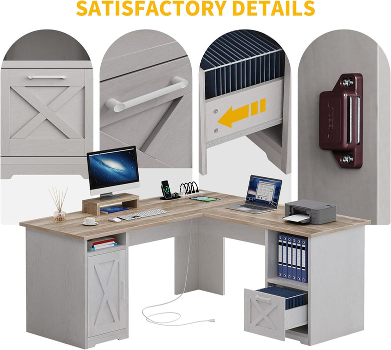 L Shaped Desk with File Drawer, 60" Corner Computer Desk with Power Outlets, Home Office Desk with Monitor Stand & Storage Shelves & File Cabinet, Grey Wash