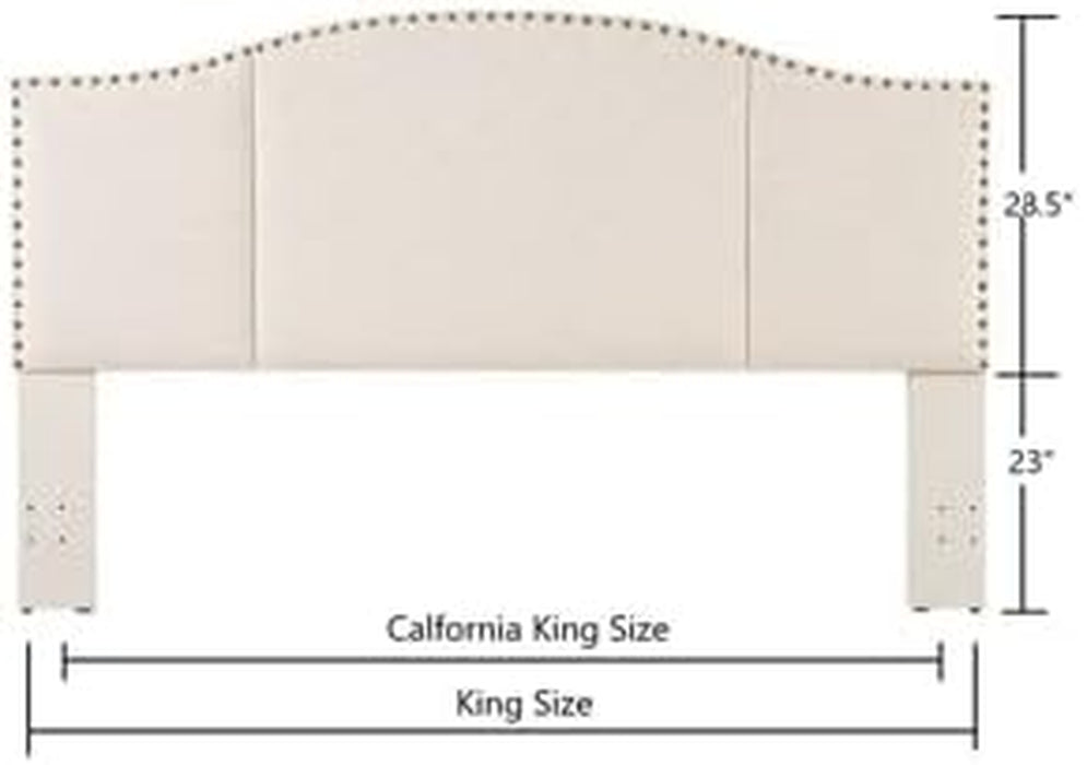 Middle Century Linen Upholstered Tufted King Size Headboard with Antique Brass Nail Heads Trim King/California King Headboard-Ivory