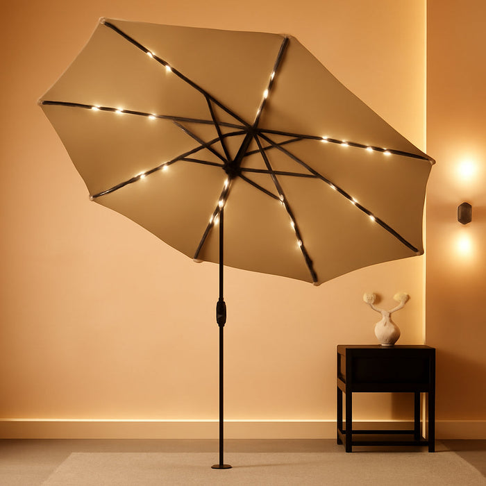 Patio Umbrella with Solar Lights, Outdoor Table Umbrella with 8 Durable Ribs, Tilt & Crank Mechanism, Waterproof & UV Protection for Garden, Backyard, Poolside,