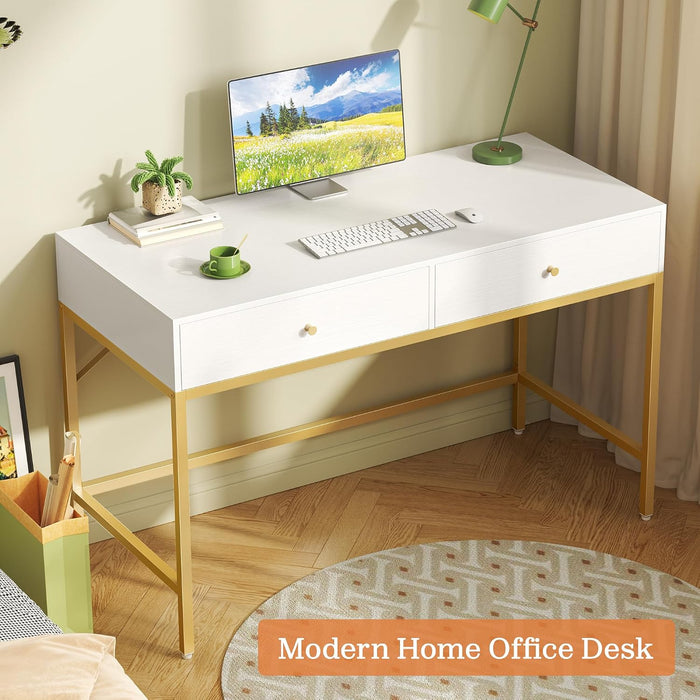 White and Gold Vanity Desk with Drawers, 47 Inch Computer Desk