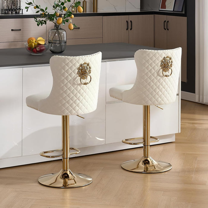 Swivel Gold Bar Stools Set of 2, Velvet Adjustable Barstools with Tufted Back, Nailheads Trim and Pull Ring, Counter Height Upholstered Bar Chairs for Kitchen Island Restaurant Home (Cream-Gold)