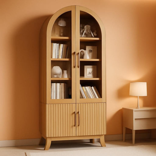 71" Modern Fluted Display Cabinet with Glass Door, Arched Curio Cabinet with Adjustable Shelf, Bookcase for Collectibles Books, Storage Cabinet for Living Room, Dining Room, Natural Oak