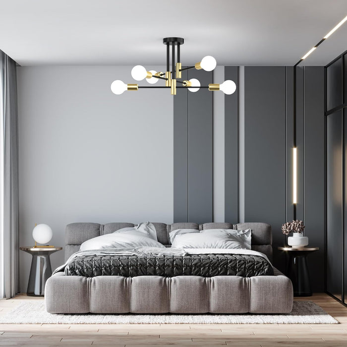 Modern Sputnik Chandelier Ceiling Light Fixtures, 6-Lights Mid Century Industrial Metal Semi Flush Mount Lamp for Bedroom Dining Room Living Room Kitchen Hallway Office-Black and Gold