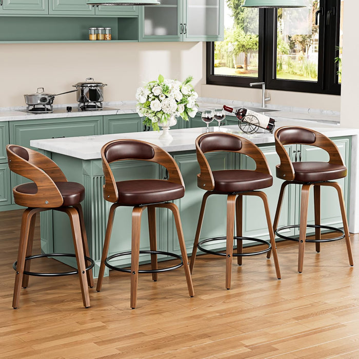 Bar Stools Set of 2, 26" Counter Height Barstools with Bentwood Legs, Swivel Counter Stools with Back, Mid Century Modern Faux Leather Upholstered Barstools for Kitchen Island, Brown