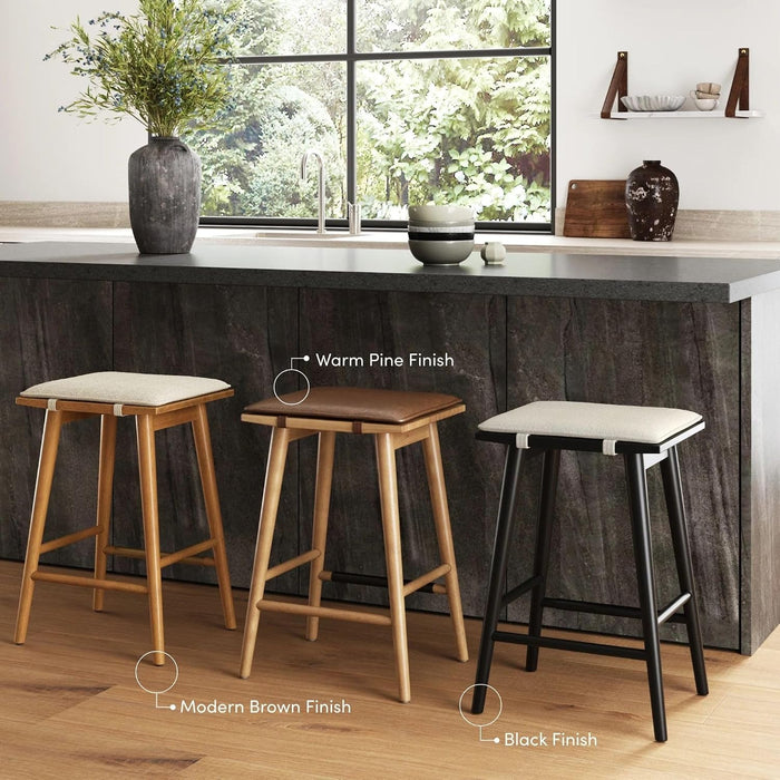 Nathan James Barker Classic Counter Height Wood Barstool with Leather Removable Cushion, Backless Island 24" Bar Stool for Kitchen, Chestnut Brown, Set of 2