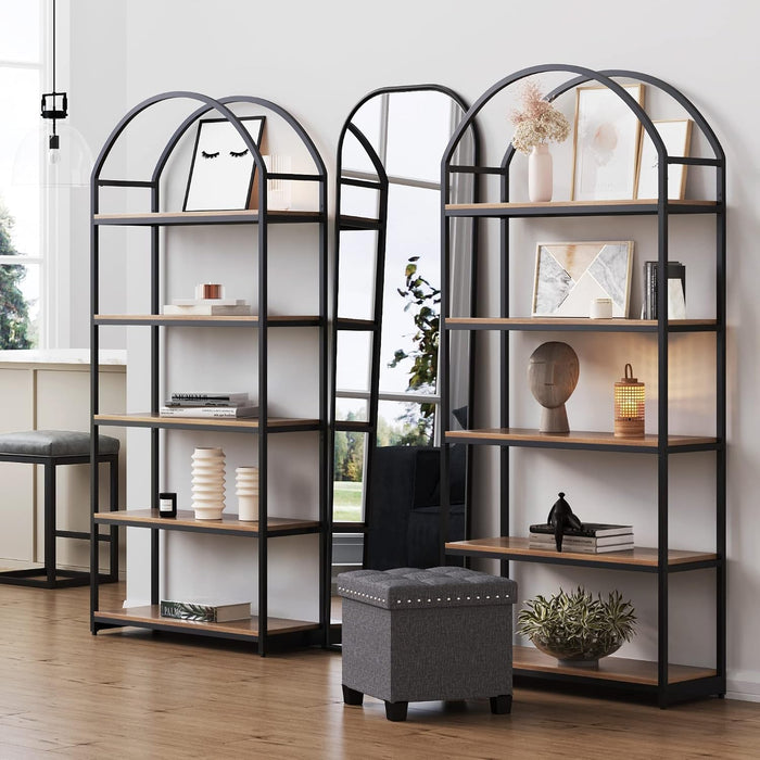 Nathan James Haven Etagere Bookshelf, 5-Shelf Bookcase in Oak Wood and Black Metal Frame with Arch Top and Open Shelves, Oak/Black, Set of 2