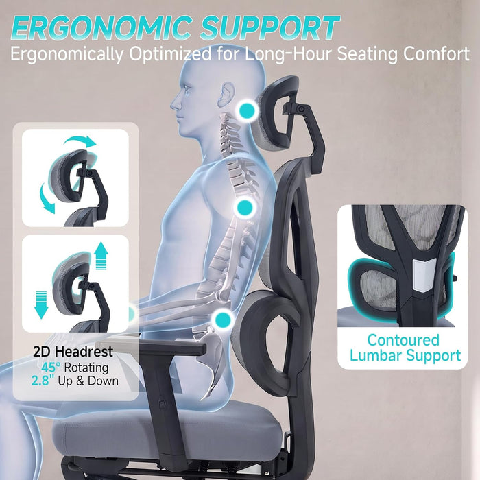 Ergonomic Office Chair with Footrest, 90-160° Reclining Mesh Desk Chair