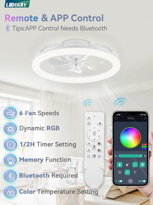 RGB Low Profile Ceiling Fans with Lights and Remote, 20 Inch Dimmable Modern Ceiling Fan(3000K-6000K), 6 Speed, Reversible, APP & Remote Control, Flush Mount Fan Light, White RGB Ceiling Fans