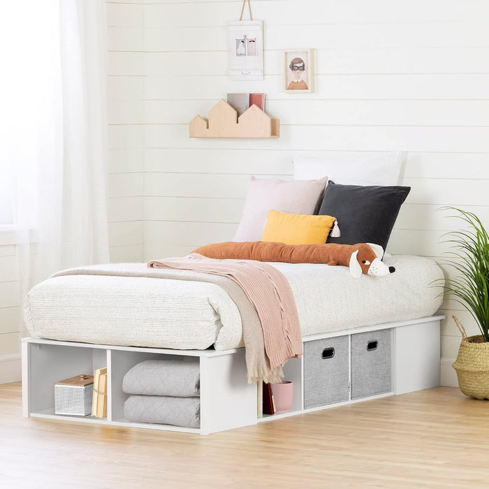 Flexible Platform Bed with Baskets Pure White, Contemporary
