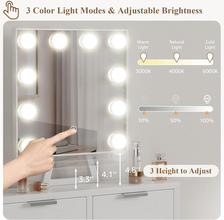 White Makeup Vanity Desk with Hollywood Mirror and Lights, Girls Compact Make up Table with Drawers and Outlet for Bedroom Small Space