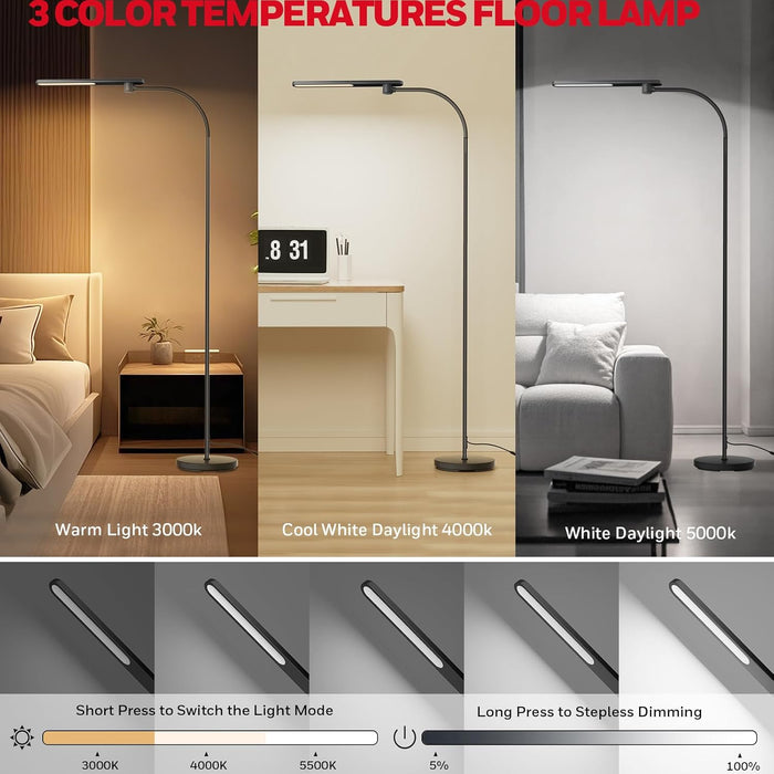 LED Floor Lamp with Remote, CRI97 Full Spectrum Eye-Caring Reading Lamp, Stepless Dimmable 3000K-5000K Task Floor Lamp with Flexible Gooseneck for Living Room, Bedroom, Office