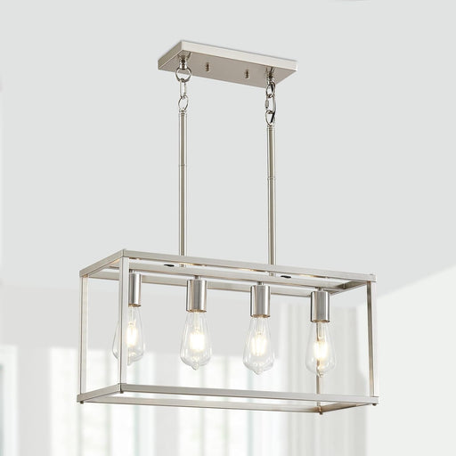 4-Light Dining Room Light Fixture Farmhouse Chandelier Brushed Nickel Modern Kitchen Island Pendant Lights Rectangular Hanging Lights Adjustable Height Metal E26 Base