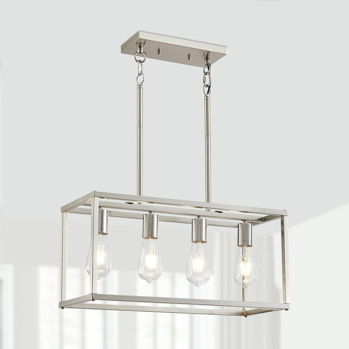 4-Light Dining Room Light Fixture Farmhouse Chandelier Brushed Nickel Modern Kitchen Island Pendant Lights Rectangular Hanging Lights Adjustable Height Metal E26 Base