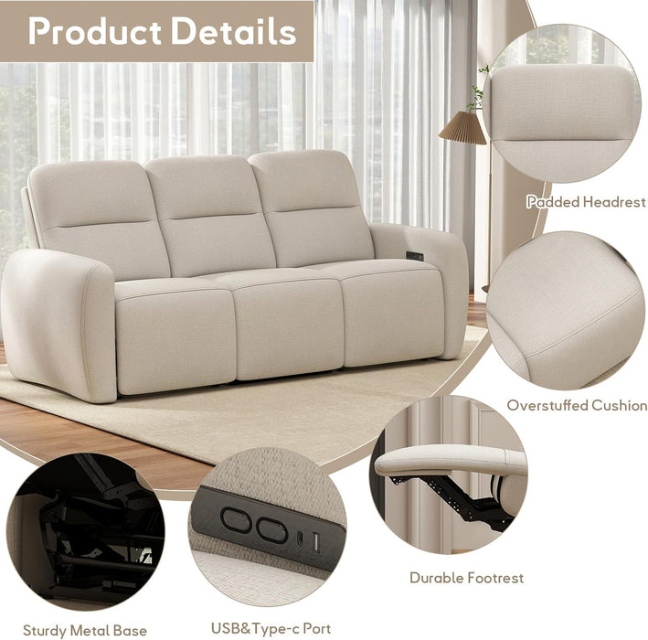 3 Seater Power Reclining Sofa, Overstuffed Recliner Couch with USB and Type-C Charge Ports, Reclining Couches for Living Room, Home Theater, RV (Beige, Fabric)