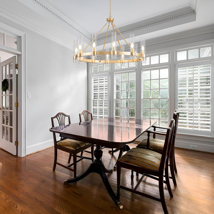 Wagon Wheel Chandelier, 12-Light Golden Farmhouse round Chandelier, Industrial Lighting Fixtures, Glass Pendant Light Suitable for Porch, Dining Room, Living Room, and Bedroom.