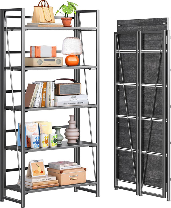 No Assembly Folding Bookshelf Book Shelves, 5-Tier 62.2"" H Collapsible Foldable Bookcase Storage Industrial Shelf for Living Room Bedroom Office