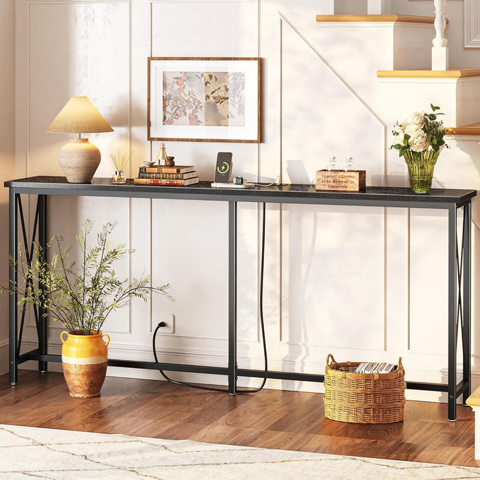 70 Inch Console Table with Outlets and USB-C Port, Extra Long behind Couch Sofa Table with X-Shaped Design, Narrow for Entryway, Living Room, Metal Frame, Wooden Top, Black