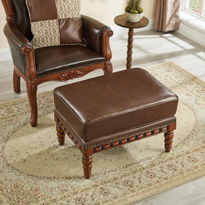 Microfiber Leather Ottoman with Wood Rome Turned Legs and Nailhead Trim, Big Footstool with Decorative Base for Bedroom, Living Room(Light Brown)
