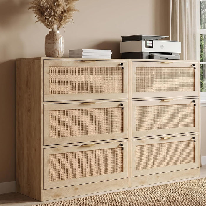 Extra Large 3 Drawers Rattan File Cabinet with Lock