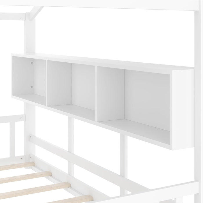Full Size White Wooden House Bed Frame With Storage