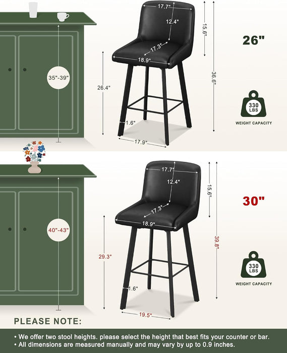 Swivel Bar Stools, 29''H Upholstered Barstools with Backs, Modern Counter Height Bar Stool Chairs for Kitchen Island, Metal Legs (Black- Faux Leather, Set of 3-29" H)
