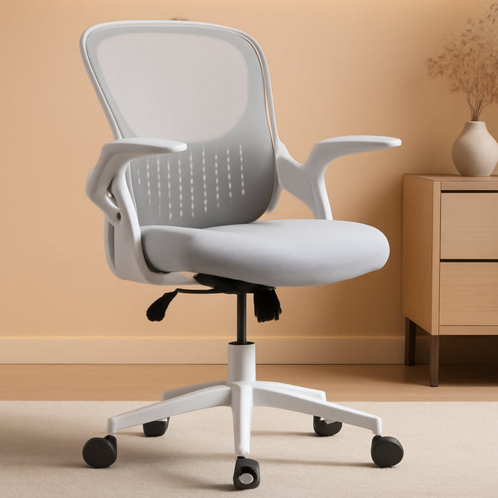 Office Computer Gaming Desk Chair, Ergonomic Mid-Back Mesh Rolling Work Swivel Chairs with Flip-Up Arms, Comfortable Lumbar Support, Comfy Arms for Home, Bedroom, Study, Student, Adults, Grey