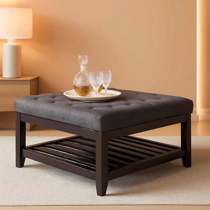 Large Square Upholstered Tufted Linen Ottoman Coffee Table, Large Footrest Ottoman with Solid Wood Shelf-Dark Gray