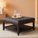 Large Square Upholstered Tufted Linen Ottoman Coffee Table, Large Footrest Ottoman with Solid Wood Shelf-Dark Gray