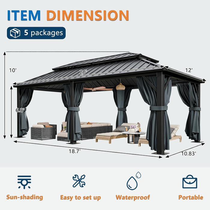12x20 Hardtop Gazebo ReinforcedFrame PrivacyCurtains Black