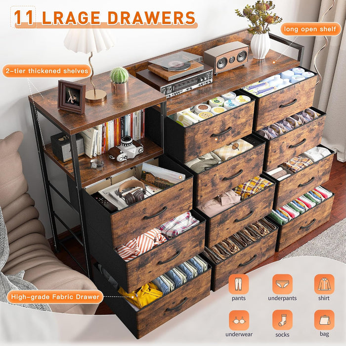 Dresser for Bedroom with 11 Drawers, Open Shelf, 49.6" W, Brown