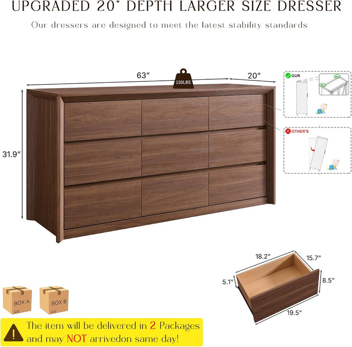 63 Inch 9 Drawer Dresser for Bedroom, 20" Depth for More Storage