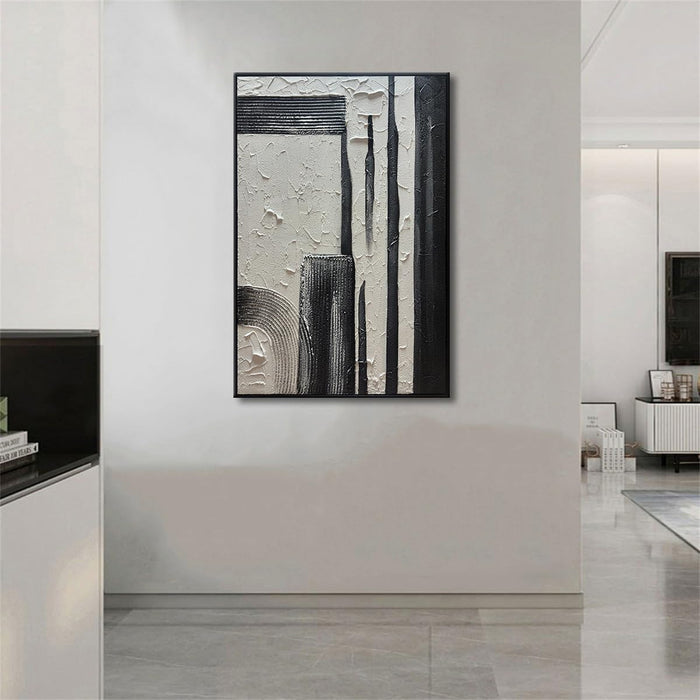 Hand Painted Black and White Textured Wall Art Black Framed Abstract Oil Paintings on Canvas Large Texture Minimalism Artwork for Home Decorations