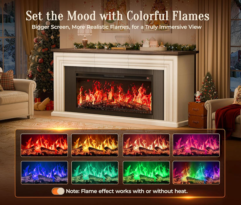 70'' Fireplace TV Stand with 42'' Electric Fireplace, Farmhouse TV Stand for 65 75 Inch TV, Entertainment Center TV Console with 3 Drawers, Fluted Design, for Living Room, Distressed White