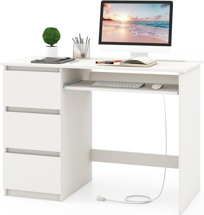 White Desk with 3 Storage Drawers & Built-In Charging Station, Home Office Desk with Keyboard Tray, PC Desk Study Writing Table, Vanity Table for Bedroom, Computer Workstation (White)