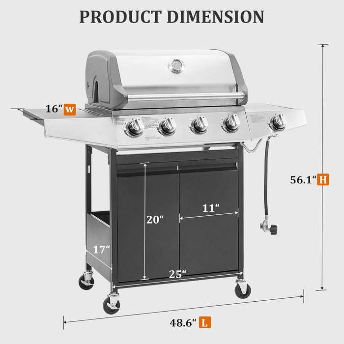 4-Burner Propane Gas BBQ Grill with Side Burner & Porcelain-Enameled Cast Iron Grates Built-In Thermometer, 49,000 BTU Outdoor Cooking, Patio, Garden Barbecue Grill, Black and Silver
