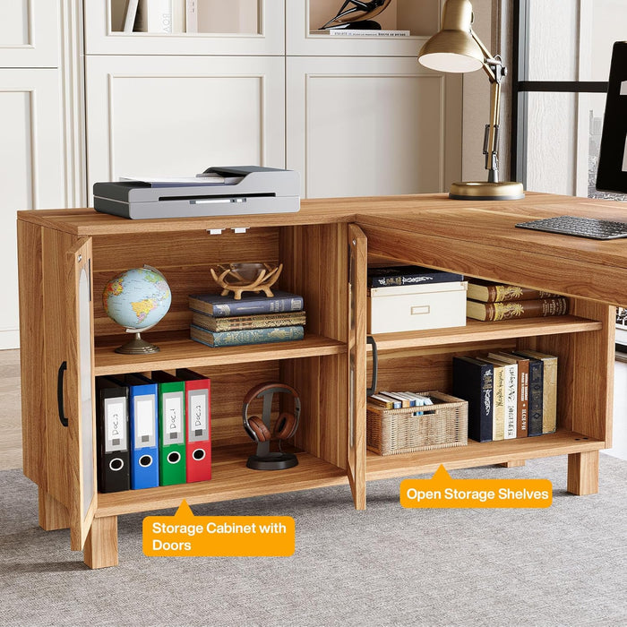 L-Shaped Desk with File Cabinet, 59-Inch Executive Office Desk with Storage Shelves, Wooden Study Writing Desk Farmhouse Corner Computer Desk for Home Office, Rustic Brown